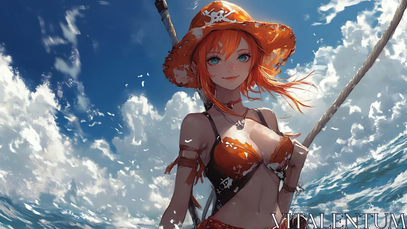 Fiery haired pirate girl under bright ocean sky.