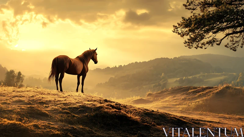 Solitary horse standing on a hill at golden sunset light.