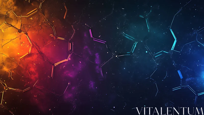 Molecular silhouettes glow across a split cosmic gradient.