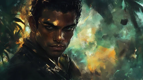 Intense jungle portrait with cinematic brushwork lighting.