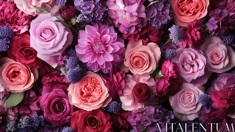 Dense floral arrangement displaying varied cultivated flowers in pink, magenta, and purple tones.