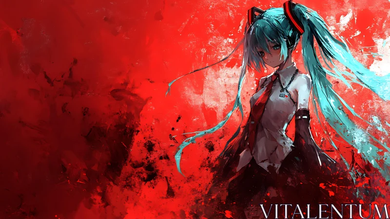 Cyan twin‑tailed figure in turbulent crimson digital field.