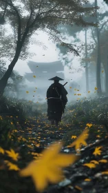 Lone ronin walks misty forest path toward distant temple