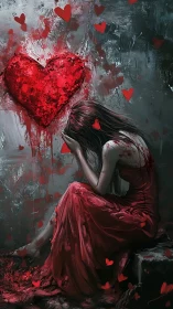 Woman in red dress beside large bleeding painted heart.