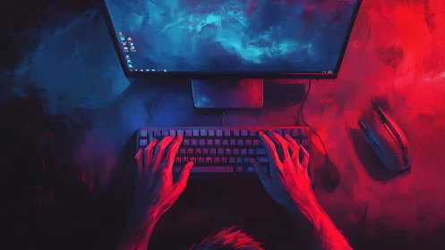 Gamer hands on RGB keyboard at glowing desktop setup.