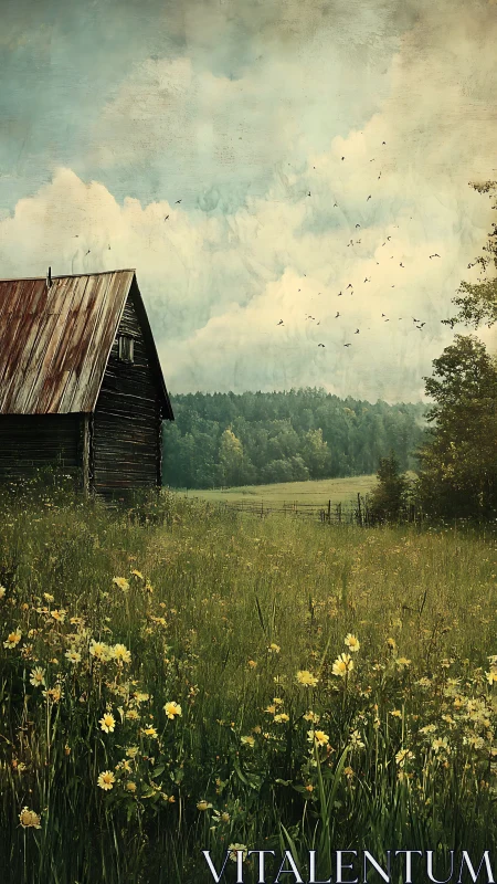 Old tin-roofed barn leans into wildflowers and wandering sky
