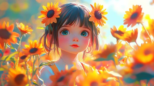 Sunlit girl gazes softly among glowing orange blossoms
