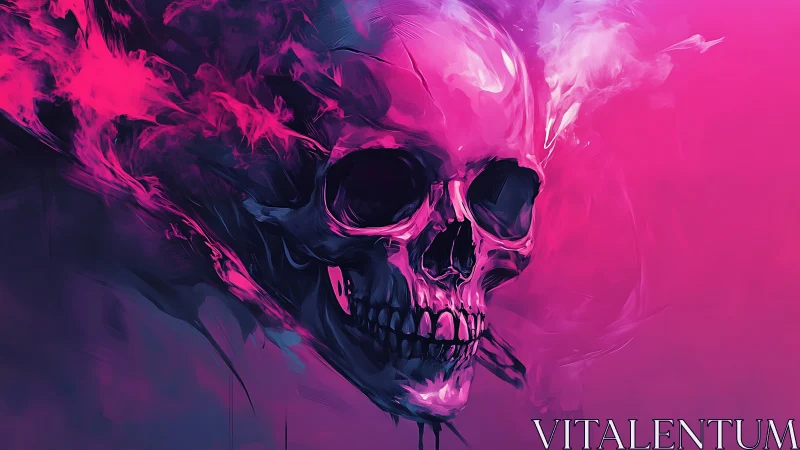 Neon pink skull drifting in dreamy swirling smoke clouds.