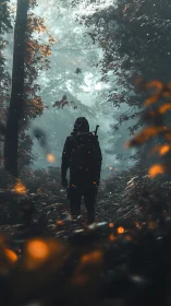 Solitary hiker moves through misty forest with ember glow