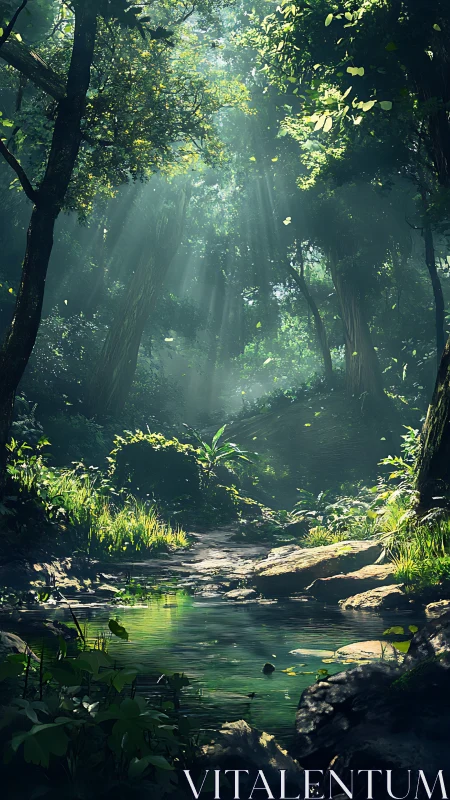 Misty Forest Stream with Ethereal Volumetric Light Through Canopy