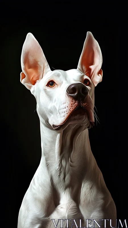 White dog portrait with upright ears on dark background.