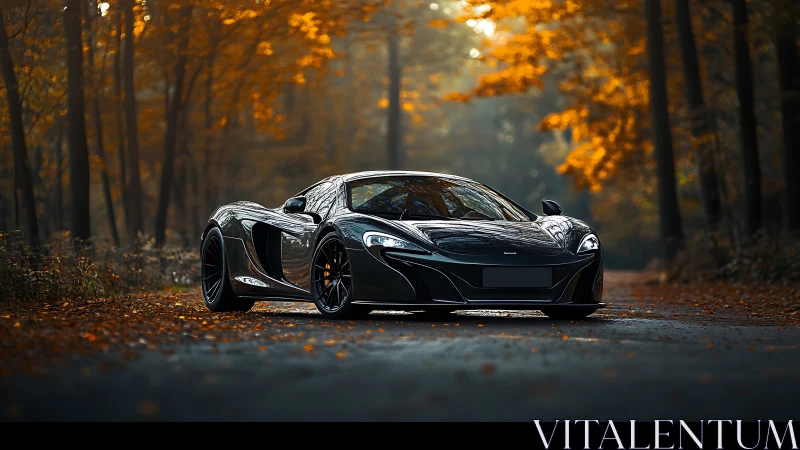 Black supercar parked on forest road in autumn light.