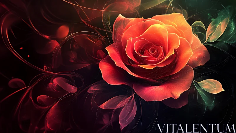 Luminescent Rose with Flowing Swirled Ornamental Flourishes