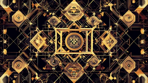 Geometric gold lattice with layered symmetrical abstract pattern.