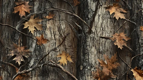 Autumn leaves and tangled vines weave quietly over rough bark