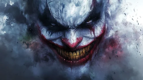 Grinning chaos erupts from swirling smoke and cracked paint