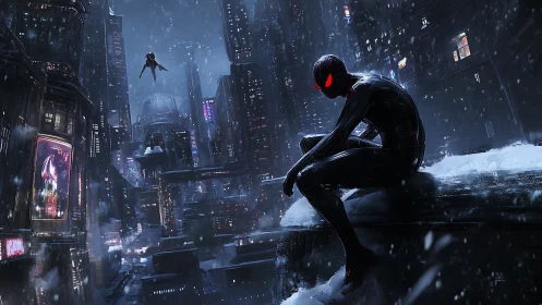 Neon vigilante poised above snowy cyberpunk skyline at night.