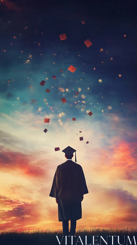 Graduate gazes at soaring caps under a glowing twilight sky