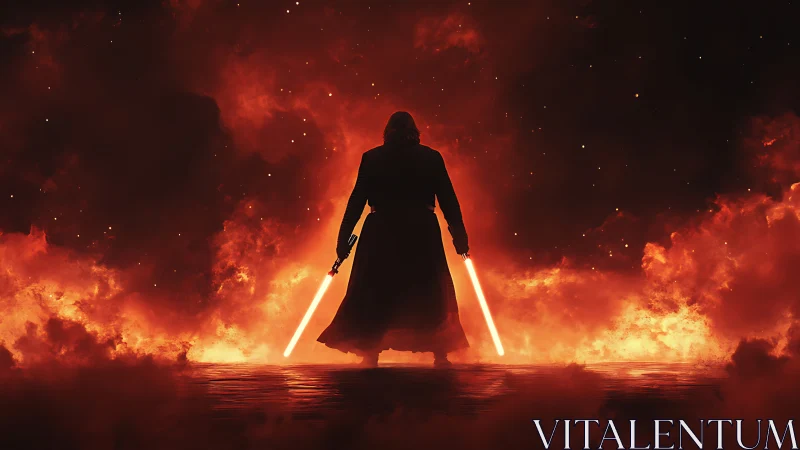 Fiery warrior stands strong with glowing blades of light