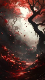 Crimson spellbound forest path under twisted shadowed boughs.