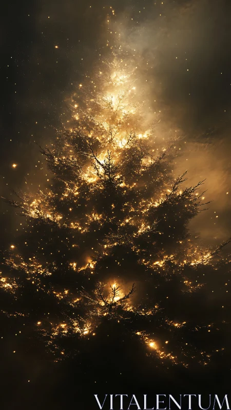 Luminous fir tree engulfed in celestial golden embers.
