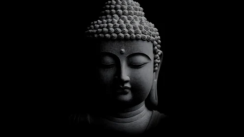 Peaceful Buddha portrait in soft shadows and quiet light.