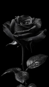 High-contrast monochrome rose macro with specular water droplets