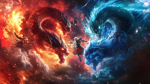 Fire and ice dragons with warriors engaged in aerial clash.