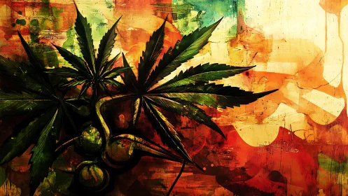 Cannabis leaves against abstract warm-toned digital field.