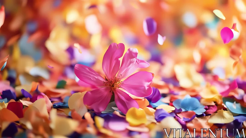 Single pink flower among multicolored scattered petals.