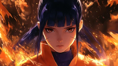 Fierce anime heroine framed by swirling, untamed flames.