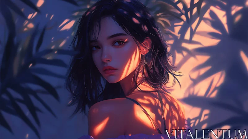 Shadow-kissed girl in dusk light and painted foliage glow.