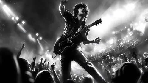 Monochrome rock guitarist dominates stage under dynamic backlighting
