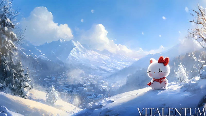 Cartoon cat figure on snowy hillside above mountain town.