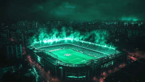 Glowing night stadium pulses with bright green match energy