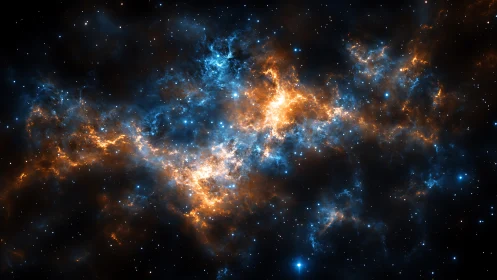 Stellar nebula clouds with vivid blue and orange filaments.