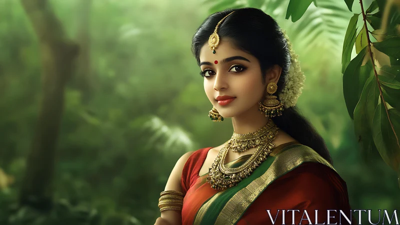 Traditional Indian woman in saree with gold jewelry outdoors.