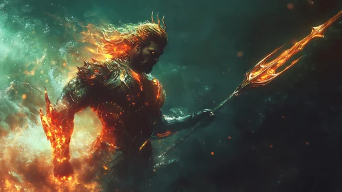 Fiery sea warrior strides through stormy depths with power