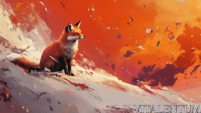 Quiet fox on a fiery hillside sky, pausing between worlds.