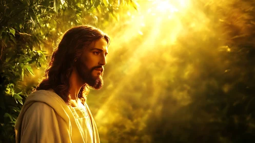 Photorealistic sacred portrait in radiant forest light.