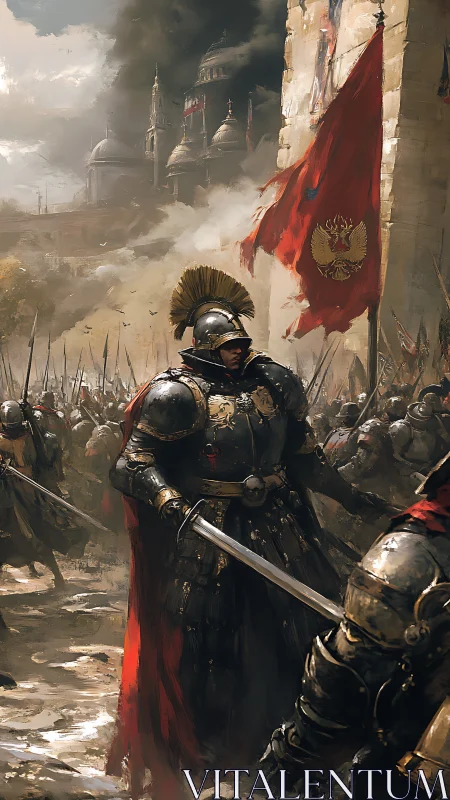 Ironclad standard-bearer strides through a storm of spears.