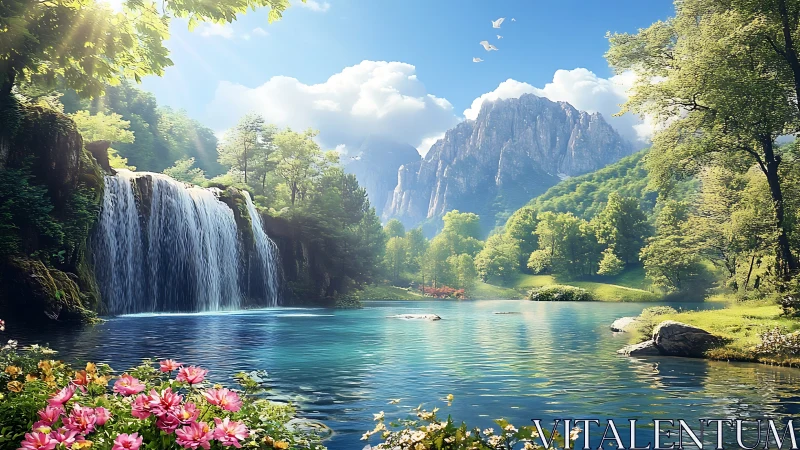 Digital landscape with waterfall, lake, and sunlit mountains.