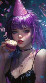 Digital rendering of female figure with purple hair wearing party attire