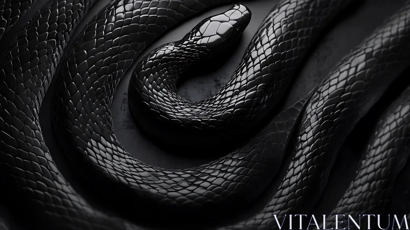Coiled black snake body displays glossy overlapping scales