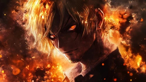 Infernal blonde antihero portrait in blazing orange embers.