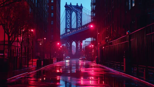 Neon rain polishes a midnight bridge into liquid chrome