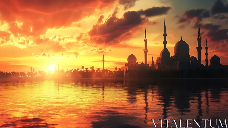 Mosque silhouette reflected in vivid orange sunset sky.