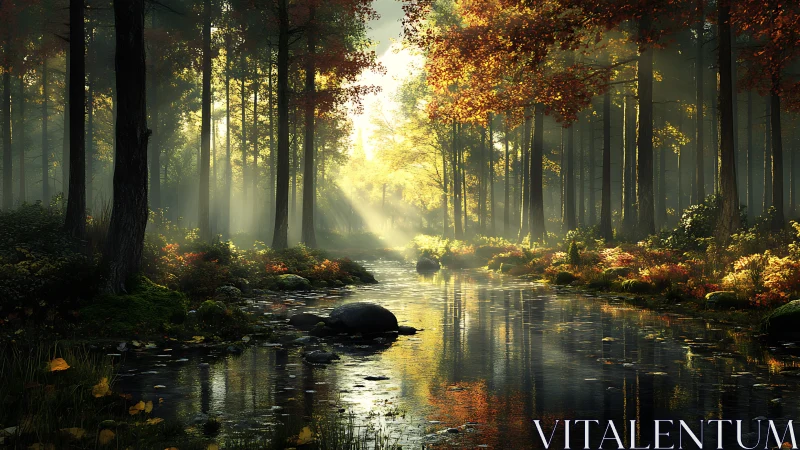 Misty Forest Stream at Golden Hour with Autumn Light