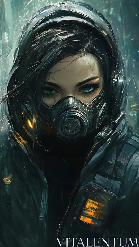 Cyberpunk survivor girl stares through gas mask visor