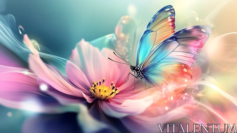 Soft rainbow butterfly resting gently on luminous petals.